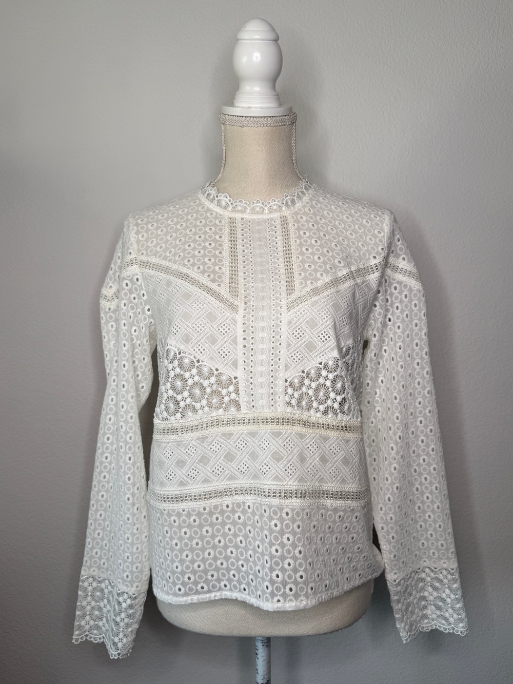 James Coviello x Anthropologie White Lace Long Sleeve Blouse Size S NWT